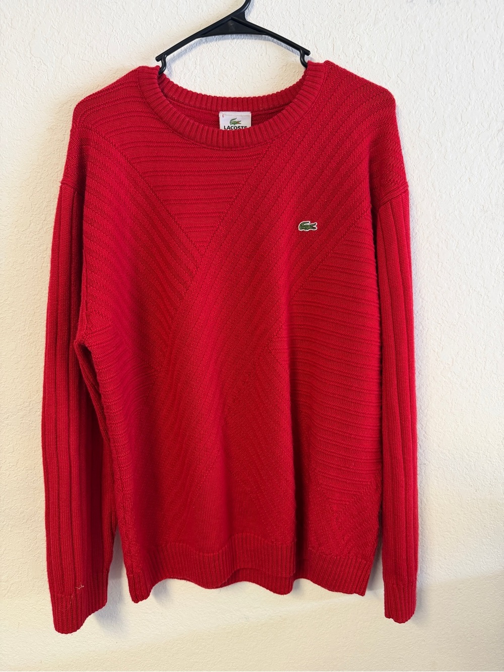Lacoste Men’s Bright Red Crewneck Sweater with Crocodile Logo Sz L Wool